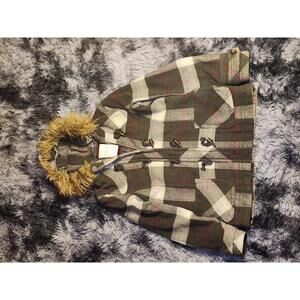 Aeropostale Womens Large Gray Plaid Hooded Faux Fur Hood Y2K Jacket Wool Blend